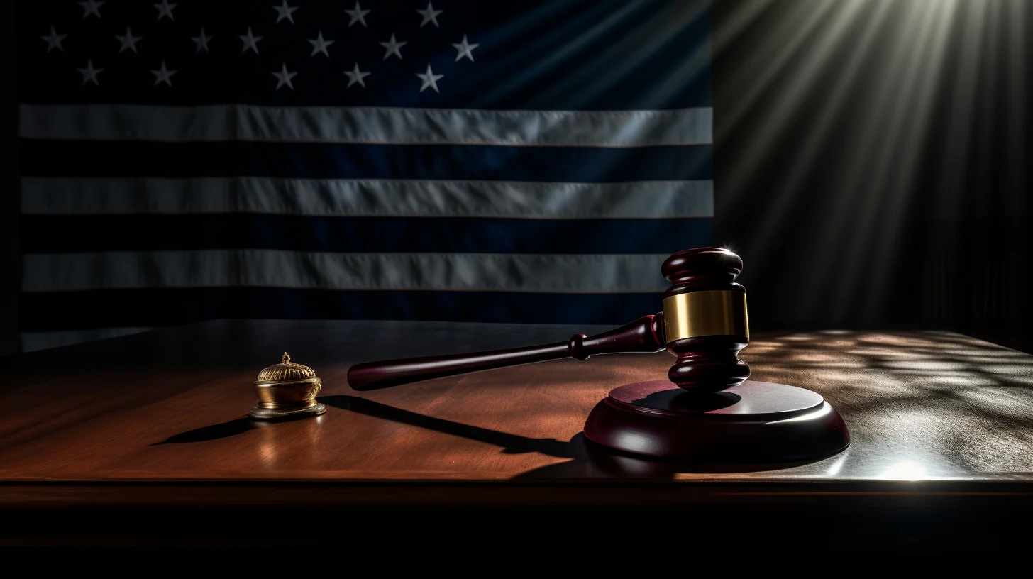 A court gavel on a table with a globe American fla