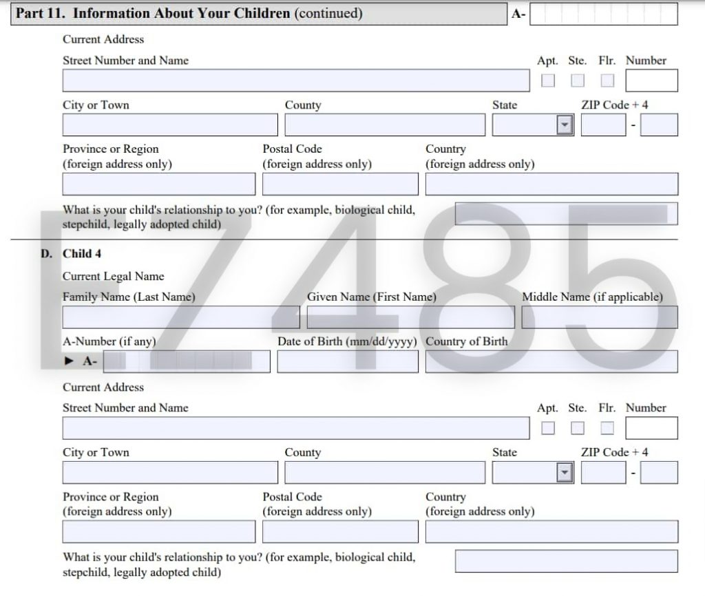 Understanding Form N-400: Part 11. Information About Your Children - EZ485