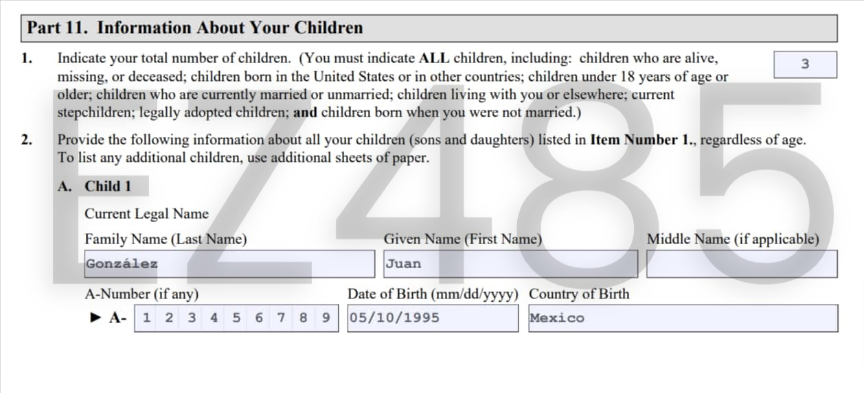 Understanding Form N-400: Part 11. Information About Your Children - EZ485
